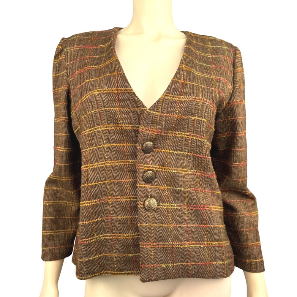 Vintage Plaid Tweed Blazer Jacket Women Dark‎ Academia Old Money Preppy Brown